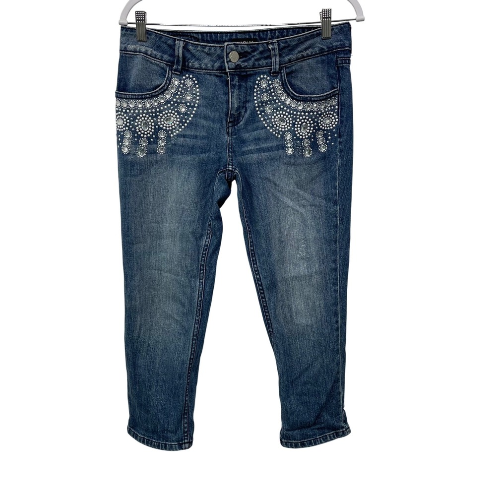 Allen B Schwartz Embellished Rhinestone Bling Crystals Cropped Jeans Blue 10 Y2K